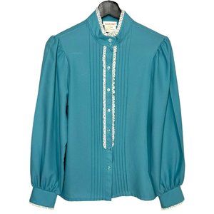 Vintage 60s Donnkenny Dusty Blue Long Puff Sleeve Button Up Top Large